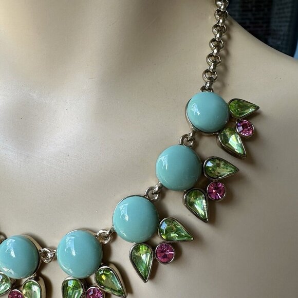 VTG Necklace 19" Mythologie Crystals Floral‎ Rhinestones Teal Green Pink NWT - Picture 3 of 10
